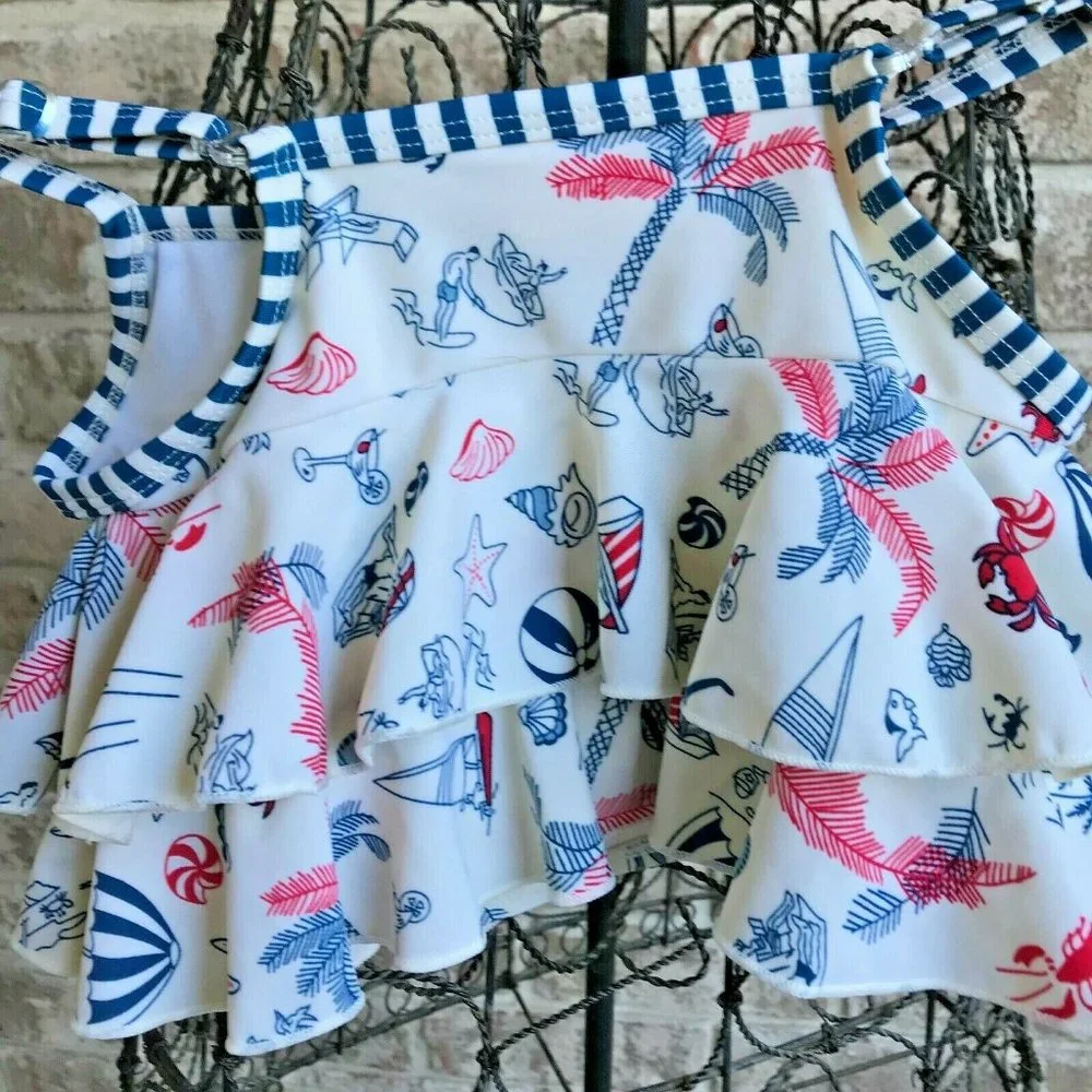 Floatimini Girls Swimsuit Top Size 6 Ruffed Tiered Straps Beach Sailboat…